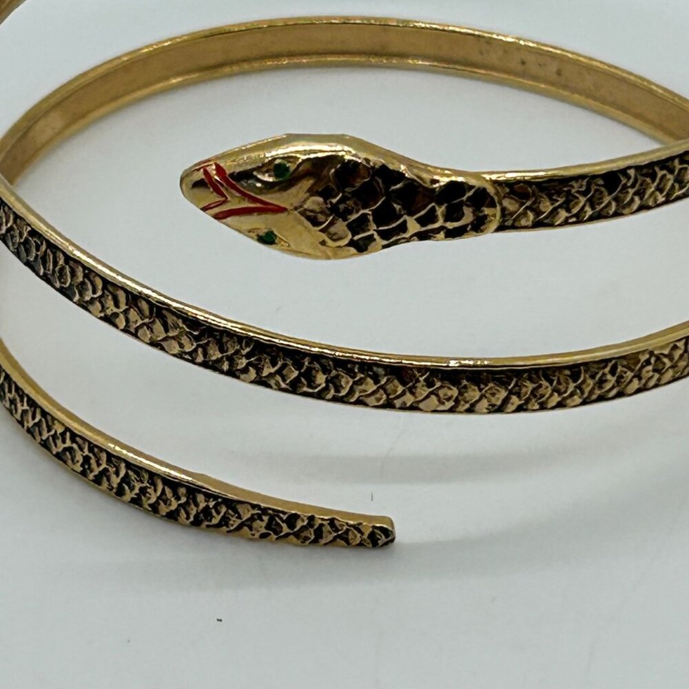 Vintage Snake Bracelet Egyptian Style Gold Tone Armlet With Chased Metal, Enamel - Picture 3 of 13